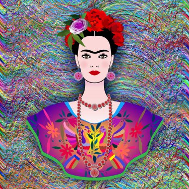 Frida Kahlo vektör portre, bir geleneksel saç modeli, Meksika el sanatları takı ve elbise genç güzel Meksikalı kadın vektör. Frida etnik Meksika elbise çizgili renkli nakış ile el yapımı. Naive yazdırma halk süslemeleri