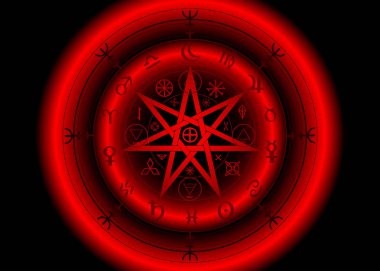 Koruma Wiccan sembolü. 3D kırmızı Mandala Cadılar runes ve alfabe, mistik Wicca kehanet. Eski gizli semboller, dünya zodyak tekerlek yıl Wicca astrolojik işaretler, Heptagram yıldız vektör 