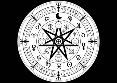 Koruma Wiccan sembolü. Mandala Cadılar runes, mistik Wicca kehanet kümesi. Eski gizli semboller, Earth yıl Wicca astrolojik işaretler zodyak tekerleğin izole veya siyah arka plan vektör