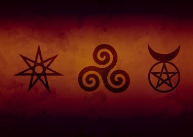 Cadılar runes, wiccan kehanet simgeler kümesi. Elf yıldızı veya yedi köşeli yıldız, Triskele veya Triskelion, Boynuzlu Tanrı. Eski gizli semboller, eski suluboya stil vektör çizim.