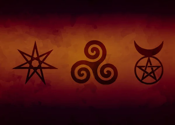Noitien Riimuja Wicca Symboleja Haltijatähti Tai Seitsemän Pisteen Tähti Triskele — vektorikuva