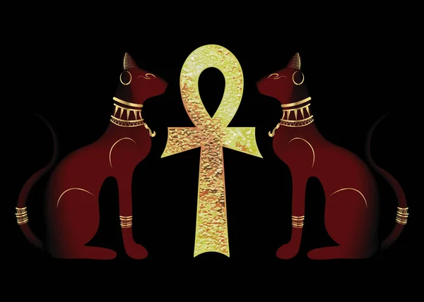 Gatos egipcios y antiguo ankh dorado símbolo religioso egipcio. Bastet, antigua diosa de Egipto y cruz, perfil de estatua con joyas de oro faraónico, vector Ilustración aislado o fondo negro — Archivo Imágenes Vectoriales