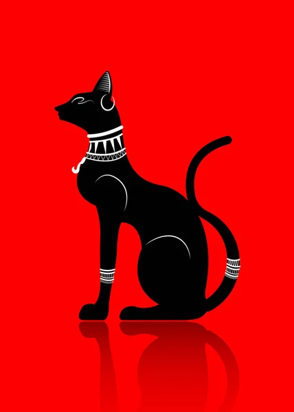 Gato negro egípcio. Bastet, antiga deusa do Egito, perfil da estátua com jóias faraônicas, vetor Ilustração isolado ou vermelho fundo — Vetor de Stock