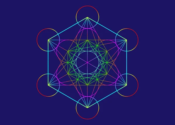 Metatrons kocka, színes virág az élet. Szent geometria, vektor grafikai elem elszigetelt, illusztráció vagy a kék háttér. Misztikus ikon platóni testek, absztrakt geometriai rajz, tipikus gabonakör — Stock Vector