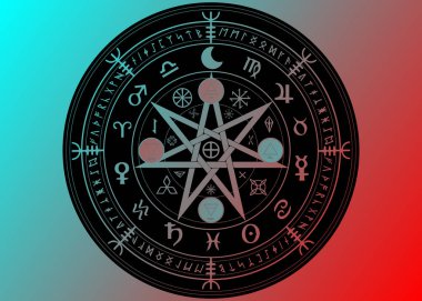 Koruma Wiccan sembolü. Siyah Mandala Cadılar runes ve alfabe, mistik Wicca kehanet. Eski gizli semboller, dünya zodyak tekerlek vektör izole yıl Wicca astrolojik işaretler