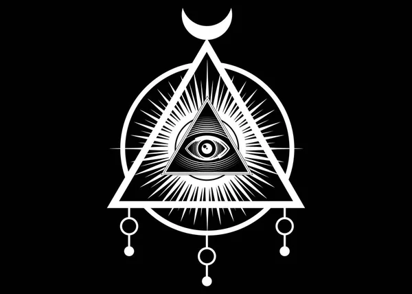 Símbolo sagrado masónico. Todo ojo que ve, el tercer ojo (El ojo de la Providencia) dentro de la pirámide del triángulo. Nuevo Orden Mundial. Alquimia dibujada a mano, religión, espiritualidad, ocultismo. Vector aislado o negro — Vector de stock