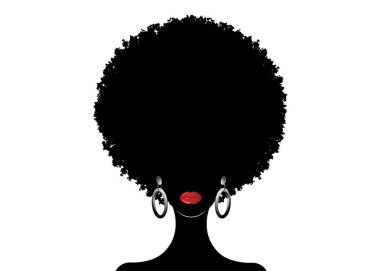 kıvırcık afro saçlı, portre Afrikalı kadınlar, kıvırcık saçlı esmer kadın yüzü afro, etnik geleneksel küpe ve seksi kırmızı dudaklar, saç stili kavramı, vektör izole veya beyaz arka plan 