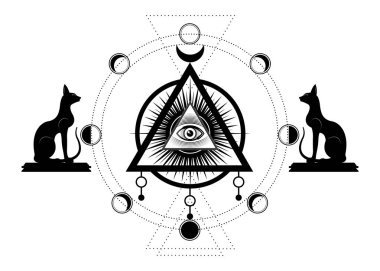 Mystical drawing: the third eye, all-seeing eye, circle of a moon phase. Sacred geometry and Egyptian cats Bastet ancient Egypt goddess. Vector isolated for print, poster, t-shirt, card, tattoo symbol clipart