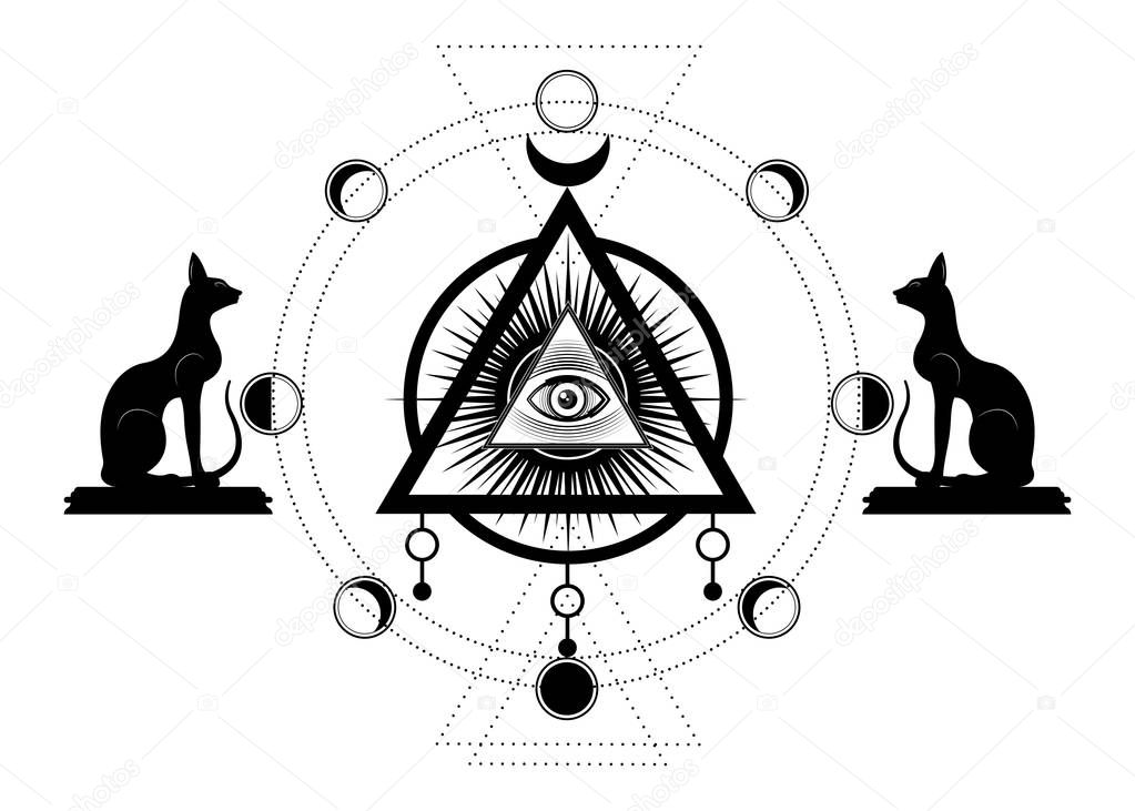 Mystical drawing: the third eye, all-seeing eye, circle of a moon phase. Sacred geometry and Egyptian cats Bastet ancient Egypt goddess. Vector isolated for print, poster, t-shirt, card, tattoo symbol