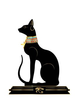 Black Egyptian cat statue. Bastet, ancient Egypt goddess, sculpture profile with Pharaonic gold jewelry and precious stones, vector Illustration isolated or white background  clipart