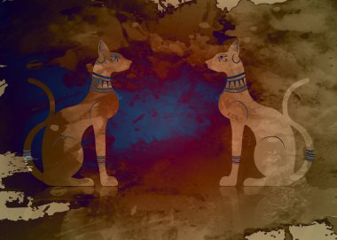 Eski fresk ile Mısır kediler. Bast, Antik Mısır tanrıçası, heykel profili ile eski Pharaonic takı süsleme, vektör çizim Mısır parşömen arka plan tek renk suluboya stili