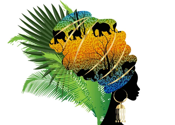 Retrato Hermosa Silueta Mujer Africana Turbante Tradicional Kente Cabeza Envoltura — Archivo Imágenes Vectoriales