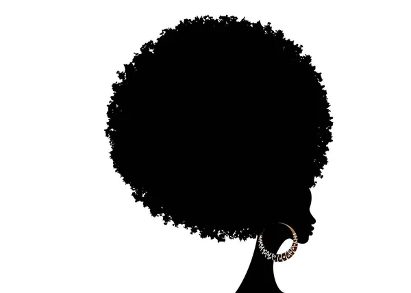 アフロの毛 アフリカの女性の肖像画 巻き毛を持つ褐色肌雌性顔アフロ 民族の伝統的なイヤリング セクシーな赤い唇 髪スタイル概念ベクトル分離または白の背景 — ストックベクタ