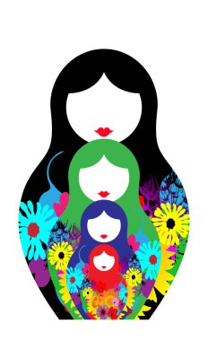 Bebek matrioshka, iç içe geçmiş Rusya Rusya'nın renkli sembol simge ayarlayın. Çok çiçek renkli stil. Beyaz arka plan üzerinde izole vektör