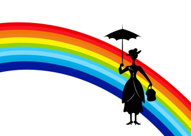 Siluet kız yüzen elini ve renkli gökkuşağı gökyüzü, Poppins stil, şemsiye ile izole veya beyaz arka plan vektör