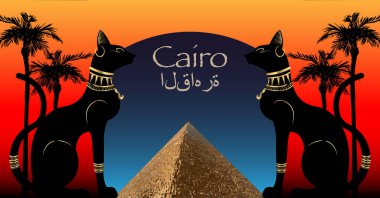 Mısır kediler ve antika piramit. Bast, eski Mısır tanrıçası ve avuç içi, heykel profil Pharaonic altın takı ile. Mısır piramit Simgesel Yapı kavramı, Kahire şehir Arap, vektör çizim metinde 