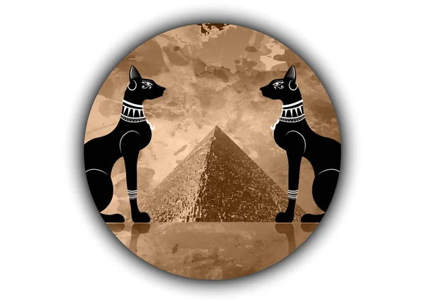 エジプトの猫とアンティークのエジプト ピラミッド バステト 古代エジプトの女神とヤシの木 ファラオの宝石類 カイロ市のコンセプト ベクトル古い羊皮紙イラスト像プロファイル分離または白の背景 — ストックベクタ