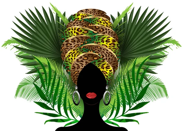 Vector Retrato mulher africana em turbante tradicional, Kente cabeça envoltório, impressão dashiki, preto afro mulheres vetor silhueta África batik, pano de decoração animal étnico, isolado com folhas de palma verde — Vetor de Stock