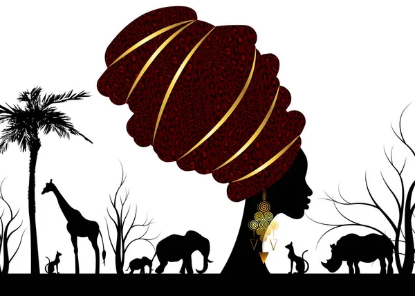 Afrika safari hayvan siluet peyzaj sahne ve portre Afrikalı kadın geleneksel Türban, başşehir afro baş şal leopar dokulu altın Etnik takılar, ve vektör izole veya beyaz arka plan