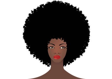 kıvırcık afro saçlı, portre Afrikalı-Amerikalı kadın, kıvırcık saçlı esmer kadın yüzü afro, etnik geleneksel saç modeli ve seksi kırmızı dudaklar, saç stili kavramı, vektör izole veya beyaz arka plan 