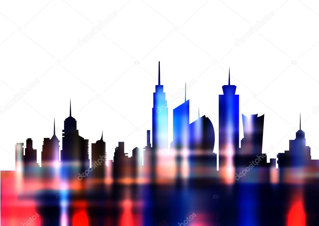 Futuristic city in neon lights. Retro Style 80s. Energy concept. Creative idea. Design background, colorful Night City Skyline. Cityscape , Beautiful night neon sky over city buildings business 