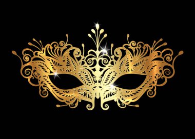 Venedik Maske lazer ile gerçekçi altın altın nakış kesti. Şık maskeli parti. Mardi Gras kartı davetiye. Gece parti Poster. Dans el ilanı. Müzik Festivali Afiş şablonlar. İzole vektör