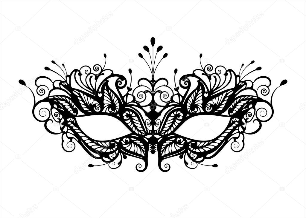 Carnival mask icon black silhouette isolated on white background. laser cut mask with Venetian embroidery floral decoration. Vector illustration design