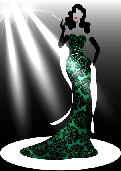 Шаблон Магазин логотипу моди жінка, силует діва і прожектор. Дизайн бренду компанії, красива розкішна обкладинка дівчини-ретро-жінки в сукні з маскою, стиль і смугаста вечірня сукня 1940-х років — стоковий вектор