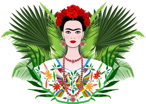 Florencia, Italia 10 / 10 / 2018: Frida Kahlo retrato, mujer mexicana con un peinado tradicional, flores y palmeras fondo exótico — Vector de stock