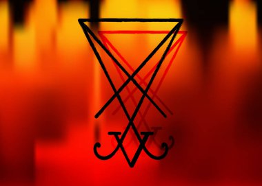 Bir sigil Lucifer. Grunge tarzı sıkıntılı demonoloji vektör çizim: Lucifer sigil izole veya arka plan ateş. Şeytan şeytan Lucifer sigil tersine çevrilmiş pentagram ile