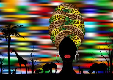 Afrika safari hayvan siluet peyzaj sahne ve portre Afrika geleneksel Türban, başşehir afro baş şal leopar dokulu ve etnik takı, kadında izole veya renkli arka plan vektör 