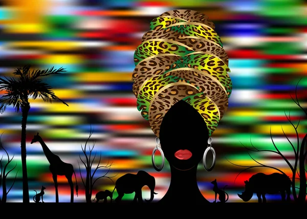 Αφρικανικό σαφάρι ζώων σιλουέτα τοπίο σκηνή και πορτρέτο Αφρικανή γυναίκα στο παραδοσιακό σαρίκι, ΚΕΝΤΕ Αφρο περιτύλιγμα κεφάλι λεοπάρδαλης υφή με έθνικ κοσμήματα, διάνυσμα απομονωμένες ή πολύχρωμο φόντο — Διανυσματικό Αρχείο