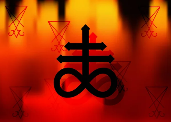 Leviathan Cross alkemiska symbolen för svavel, förknippas med eld och svavel i helvetet. Vektor svart ikonen A sigil av Lucifer eller skriva ut design, nazismen symbol, cross av Satan i brand bakgrund — Stock vektor