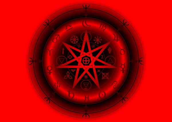 Zauberhaftes Symbol des Schutzes. 3d rote Mandala-Hexenrunen und Alphabet, mystische Zauberweisheiten. alte okkulte Symbole, Erdtierkreisrad des Jahres wicca astrologische Zeichen, Heptagramm-Sternvektor — Stockvektor