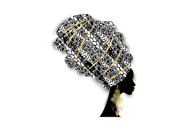 Vector Retrato bela mulher africana em turbante tradicional, Kente cabeça envoltório, impressão dashiki, preto afro mulheres vetor silhueta África batik pano de decoração étnica, penteado conceito logotipo —  Vetores de Stock