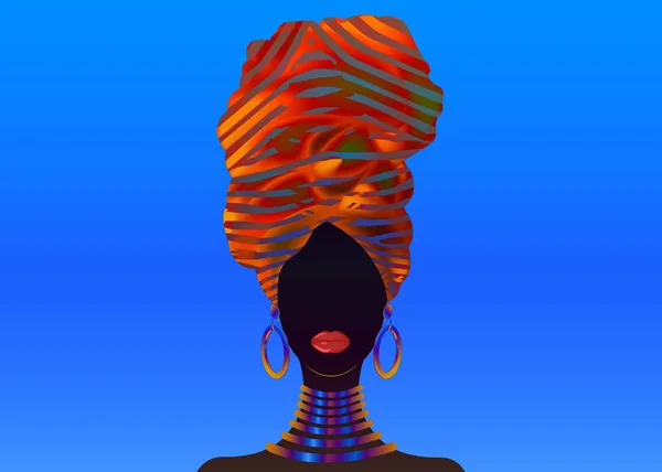 Διάνυσμα πορτρέτο Αφρικανή γυναίκα στην παραδοσιακή ριγέ τουρμπάνι, περιτύλιγμα κεφάλι ΚΕΝΤΕ, εκτύπωση dashiki, μαύρες γυναίκες Αφρο διάνυσμα σιλουέτα Αφρική μπατίκ ύφασμα εθνοτικές πολύχρωμο στολισμό, χτένισμα έννοια λογότυπο — Διανυσματικό Αρχείο