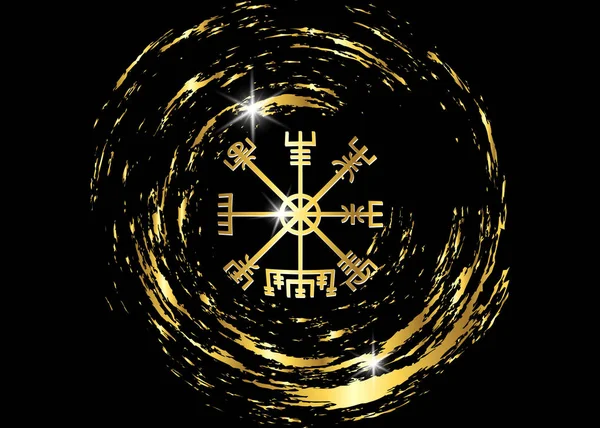 Az ősi szimbólumok normannok dekódolás. Vegvisir Viking arany iránytű. A vikingek használt sok szimbólumok összhangban skandináv mitológia, a Viking társadalomban széles körben használják. Logó ikon Wiccan ezoterikus — Stock Vector