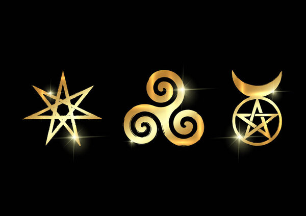 Набор ведьм руны, золотые викканские символы гадания. Эльфийская звезда или Семиконечная звезда, Трискеле или Трискелион, Рогатый Бог. Золото блестящие древние оккультные символы вектор изолирован на черный
