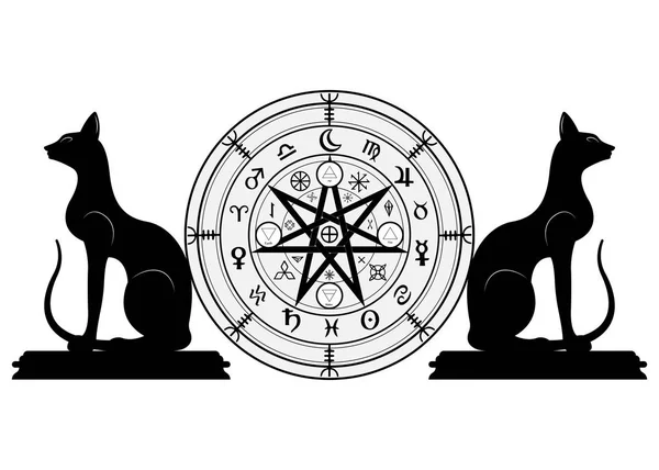 Simbolo wiccan di protezione. Set di rune Mandala streghe e gatti neri, divinazione mistica Wicca. Antichi simboli occulti, Terra Zodiaco Ruota dell'Anno Wicca Segni astrologici, vettore isolato — Vettoriale Stock