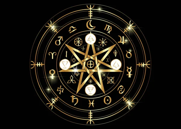 Zauberhaftes Symbol des Schutzes. Gold-Mandala-Hexen-Runen, mystische Zauberweisheiten. antike okkulte Symbole, Erdtierkreisrad des Jahres wicca astrologische Zeichen, Vektor isoliert oder schwarzer Hintergrund — Stockvektor