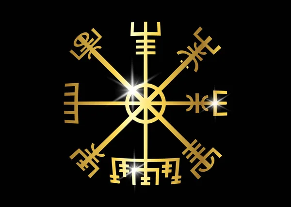 Decodificando el antiguo de los símbolos Norsemen. Vegvisir Viking Golden Compass. Los vikingos usaron muchos símbolos de acuerdo con la mitología nórdica, ampliamente utilizados en la sociedad vikinga. Icono del logotipo Wiccan esotérico — Vector de stock