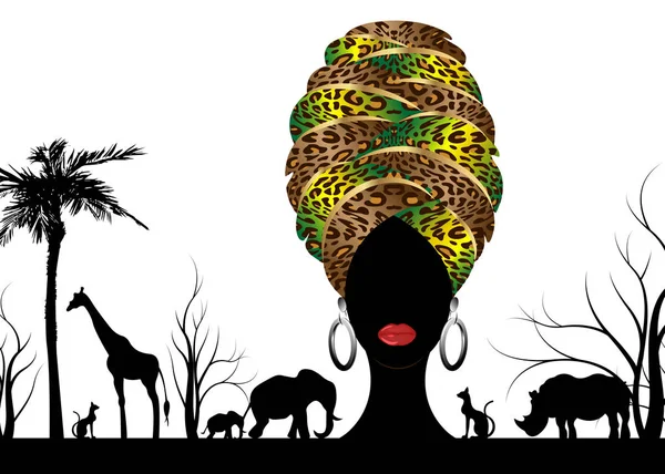 Safári africano animal silhueta paisagem cena e retrato mulher africana em turbante tradicional, Kente afro cabeça envolva textura de leopardo com jóias étnicas de ouro, vetor isolado ou fundo branco — Vetor de Stock