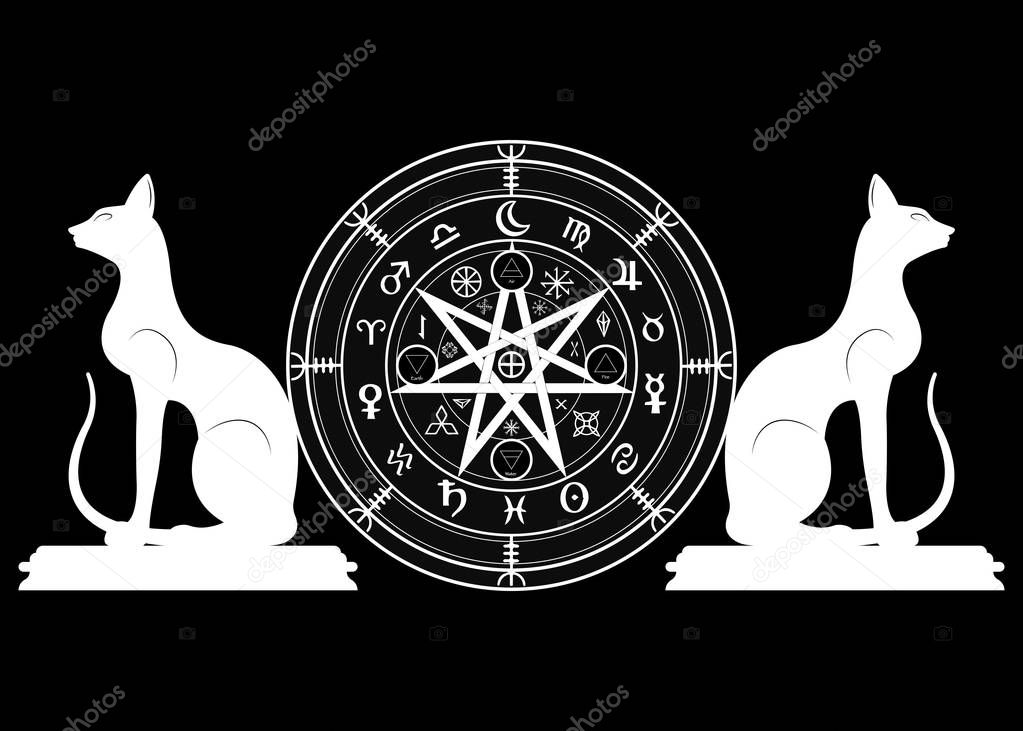 Wiccan symbol of protection. Set of Mandala Witches runes and cats, Mystic Wicca divination. Ancient occult symbols, Earth Zodiac Wheel of the Year Wicca Astrological signs, vector isolated on black