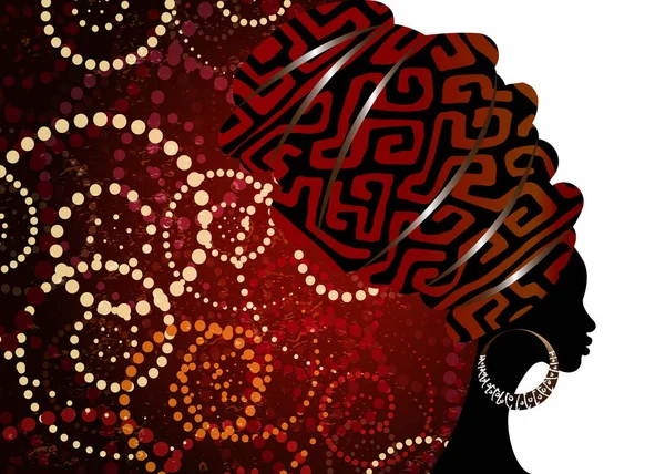 Porträt schöne afrikanische Frau in traditionellem Turban, Kente Kopfbedeckung afrikanische, Traditionelle Kardashiki Druck, schwarze afro Frauen Vektor Silhouette isoliert mit traditionellem Batik, ethnischer Hintergrund — Stockvektor