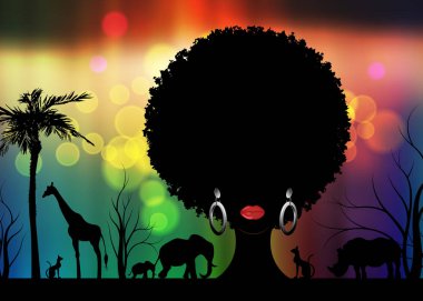 African safari animal silhouette landscape scene and portrait African woman in traditional hair curly. Tree of Life concept  and blurred colorful sunset background. Mother earth, mother nature concept clipart