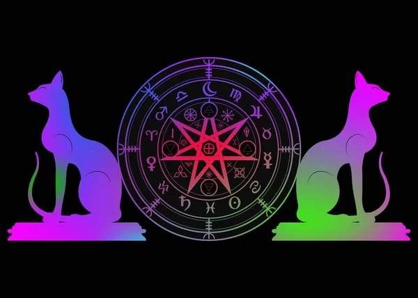 Simbolo wiccan di protezione. Set di Mandala Streghe rune e gatti, Colorato mistico divinazione Wicca. Antichi simboli occulti, Terra Zodiaco Ruota dell'Anno Wicca Segni astrologici, vettore isolato — Vettoriale Stock