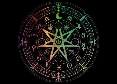 Koruma Wiccan sembolü. Mandala Cadılar runes, mistik Wicca kehanet kümesi. Yalıtan veya siyah renkli eski gizli semboller, dünya yıl Wicca astrolojik işaretler zodyak tekerlek vektör