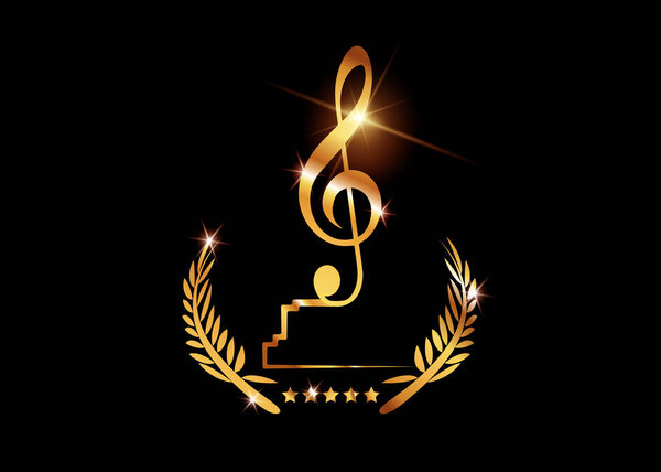 Gold vector best music awards winner concept template with golden shiny text and violin key isolated or black background