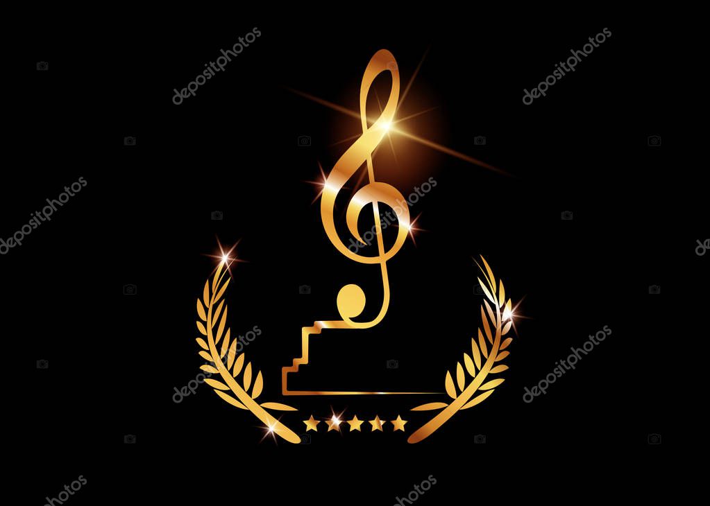 Gold vector best music awards winner concept template with golden shiny text and violin key isolated or black background