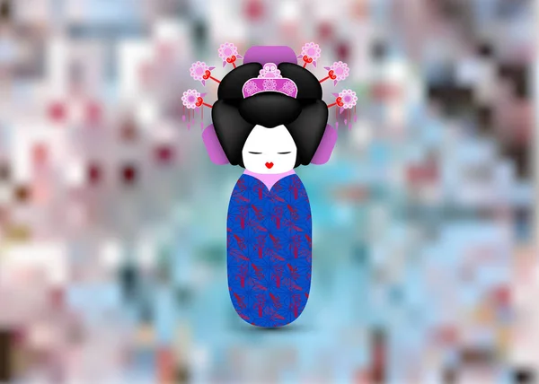 Boneca kokeshi nacional do Japão em um quimono azul. Estilo gueixa ilustração vetorial isolado ou japonês floral embaçado fundo. Um personagem em um estilo de desenho animado — Vetor de Stock